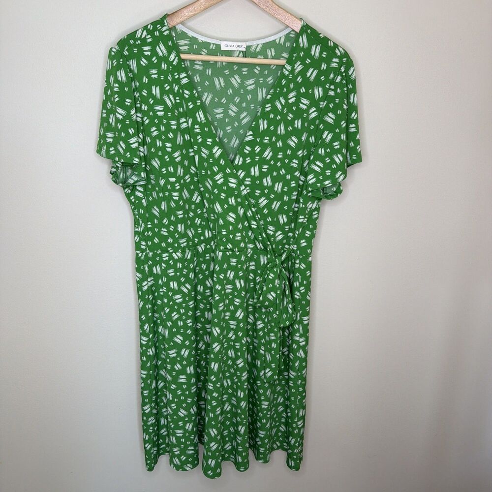 Olivia Grey Green & White Faux Wrap Look Flowy Fit & Flare Midi Dress 1X